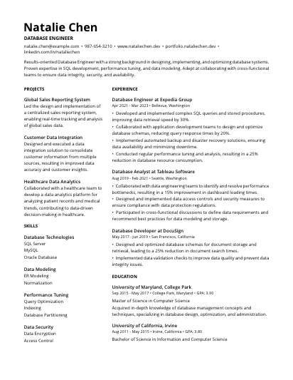 Database Engineering Resumes Example Resumary - Free Online Resume Builder